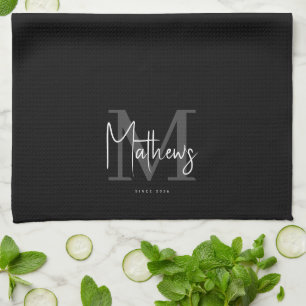 Linge De Cuisine Noir Blanc Gris Monogramme Nom de famille