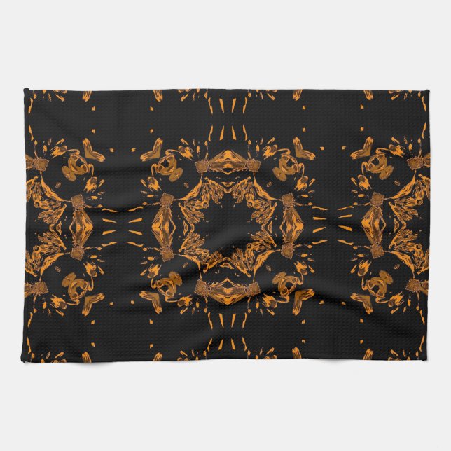 Linge De Cuisine Noir, cuivre jaune Floral Damas Motif rétro (Horizontal)