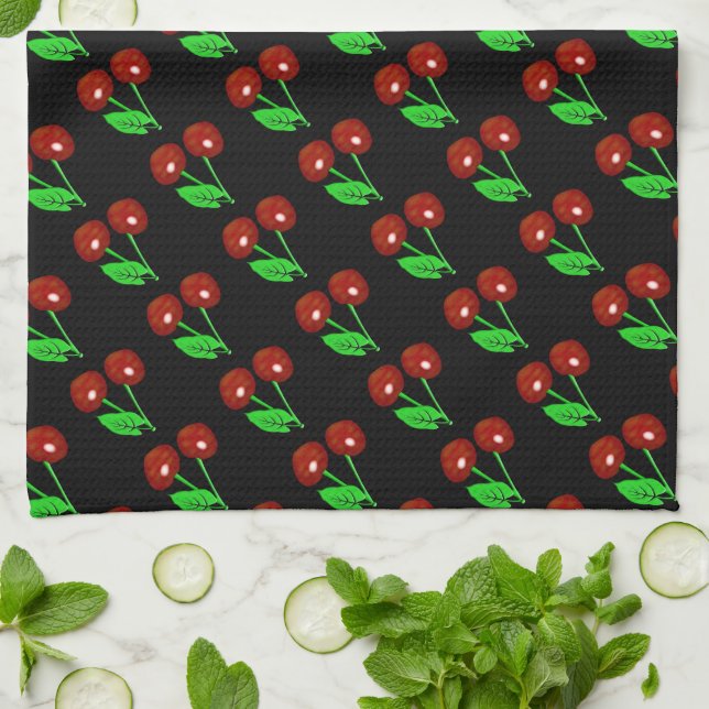 Linge De Cuisine Noir élégant avec cerises rouges (Plié)
