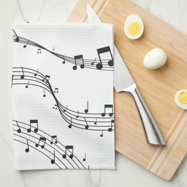 Linge De Cuisine Noir et blanc note musicienne Motif (Quart Plié)