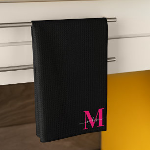 Linge De Cuisine Noir & Gras Hot Pink Monogramme Nom initial Famill