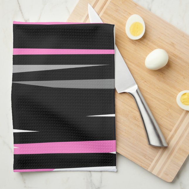 Linge De Cuisine Noir rose et blanc Abstrait (Quart Plié)
