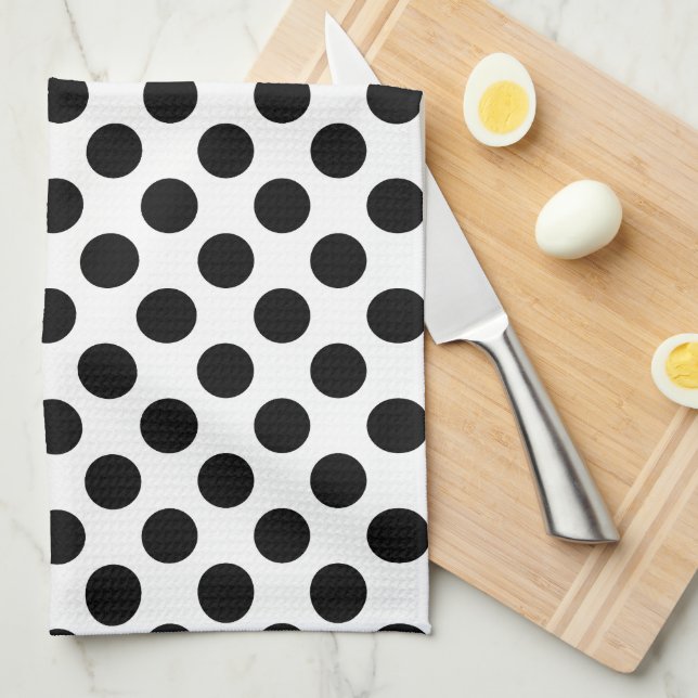 Linge De Cuisine Noir sur Blanc Grand Taille Pois (Quart Plié)