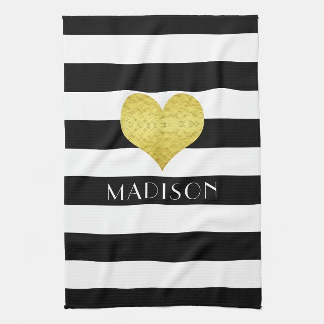 Linge De Cuisine Nom Black White Gold Heart Motif Imprimer (Vertical)