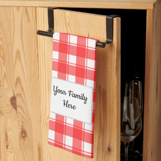 Linge De Cuisine Nom de famille Editable Red White Retro Plaid Patt (Pliage en tiers)