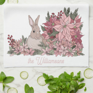 Linge De Cuisine Nom de famille Fleurs roses et lapin Noël
