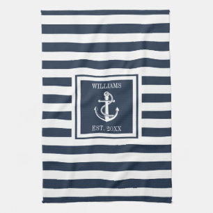 Linge De Cuisine Nom de famille Marine Bleue Bande Ancre nautique B