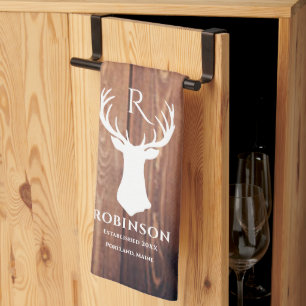 Linge De Cuisine Nom de famille Monogram Lake Rustic Deer Antler Wo