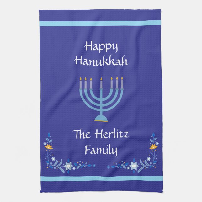 Linge De Cuisine Nom de la Personnaliser Blue HANOUKKA Menorah (Vertical)