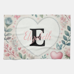 Linge De Cuisine Nom de monogramme Coeurs Vintages aquarelle floral