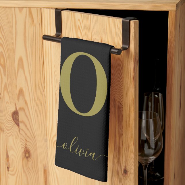 Linge De Cuisine Nom De Script Monogramme Personnalisé Noir Et Or (Pliage en tiers)