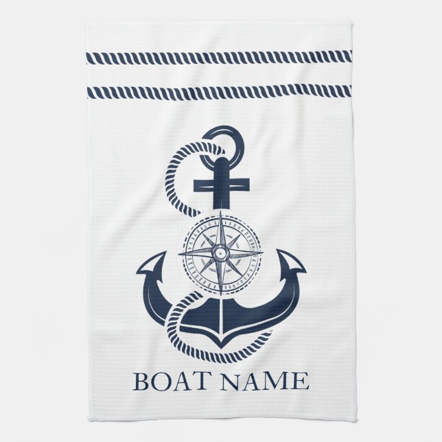 Linge De Cuisine Nom du bateau Ancre bleu marine (Vertical)
