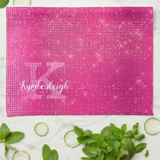 Linge De Cuisine Nom du monogramme étincelant brillant rose-chaud (Plié)