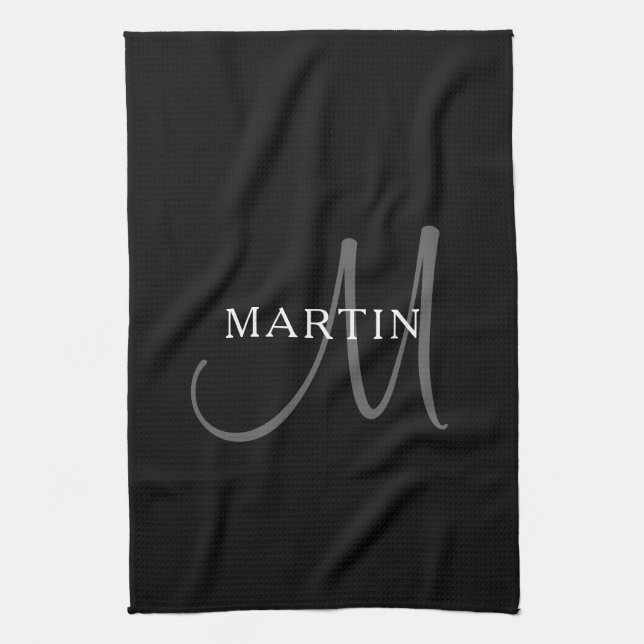 Linge De Cuisine Nom élégant Monogramme | Blanc noir et gris (Vertical)
