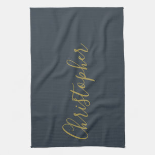 Linge De Cuisine Nom minimaliste en écriture dorée bleu marine pour