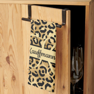 Linge De Cuisine Nom Monogramme Imprimé Léopard Noir Or Cheetah