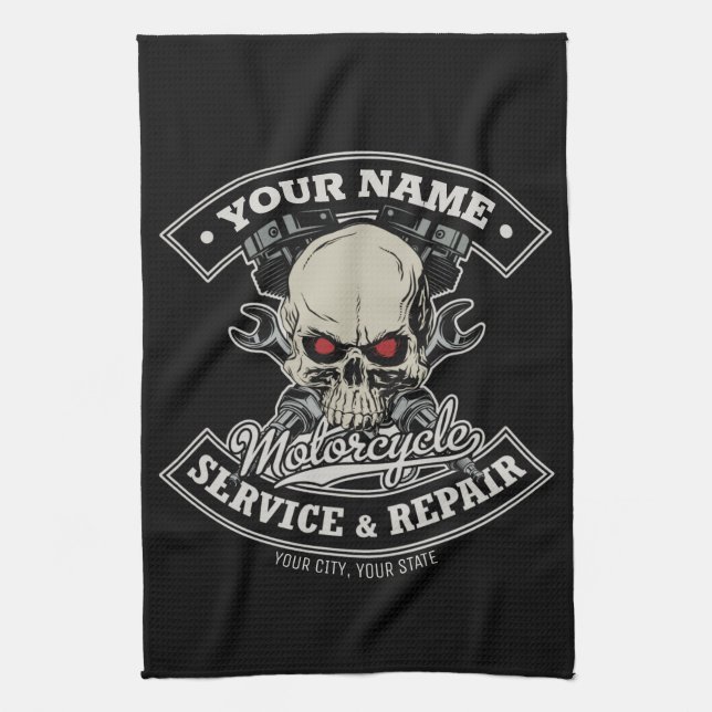 Linge De Cuisine Nom personnalisé Biker Mécanique Skull Motorcycle  (Vertical)