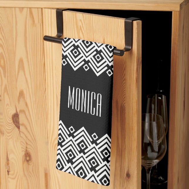 Linge De Cuisine Nom personnalisé du damas en chevron noir et blanc (Pliage en tiers)