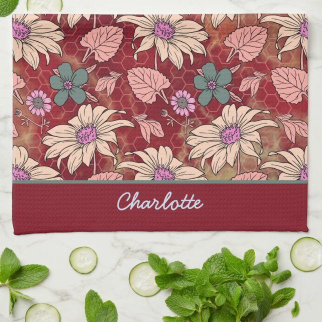 Linge De Cuisine Nom personnalisé floral sans couture motif rouge (Plié)