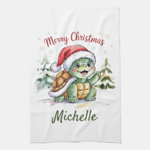 Linge De Cuisine Nom personnalisé Joyeuse tortue de Noël à Père Noë