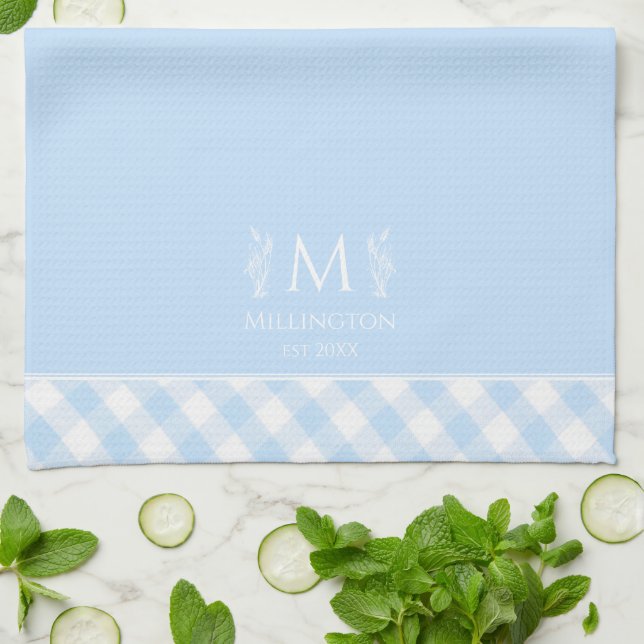 Linge De Cuisine Nom personnalisé Monogramme En vichy bleu et blanc (Plié)