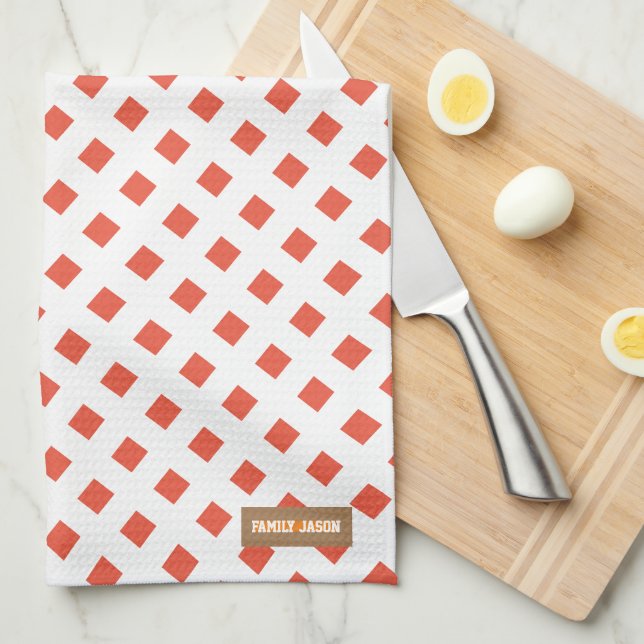 Linge De Cuisine Nom personnalisé monogramme moderne rouge diamants (Quart Plié)