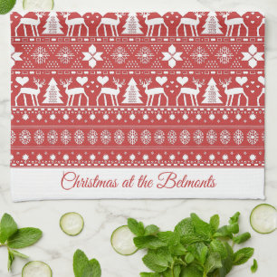 Linge De Cuisine Nom personnalisé scandinave rouge Noël