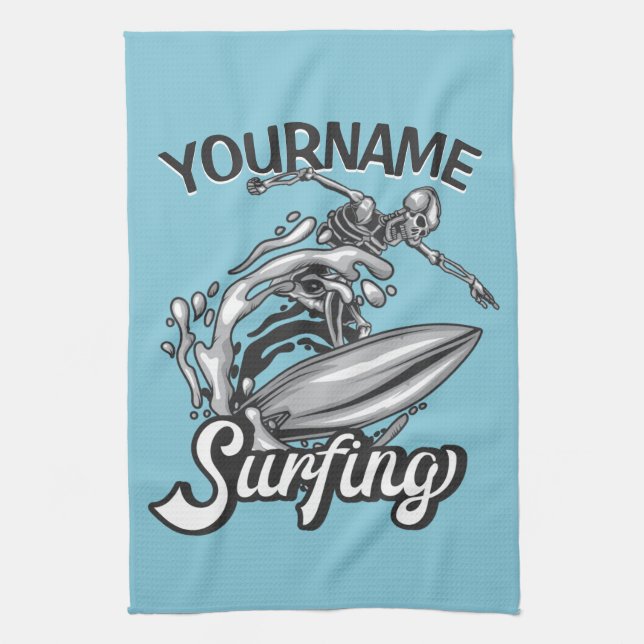 Linge De Cuisine NOM personnalisé Surfer Big Wave Skeleton Surfing (Vertical)