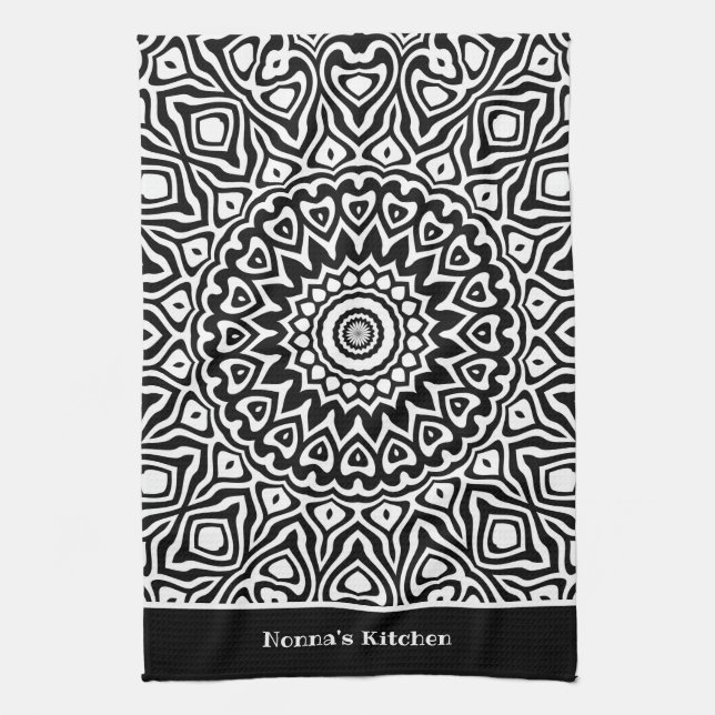 Linge De Cuisine Nonna's Kitchen noir et blanc Motif Mandala (Vertical)