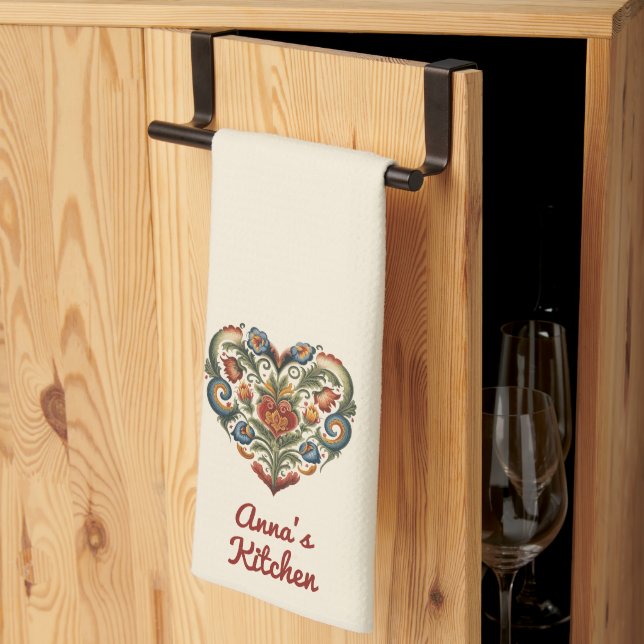 Linge De Cuisine Norwegian Rosemaling Folk Art Heart Personnalisé (Pliage en tiers)
