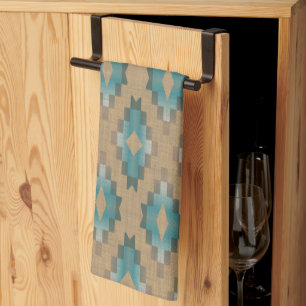 Linge De Cuisine Ochre Brown Taupe Turquoise Blue Tribal Art Motif