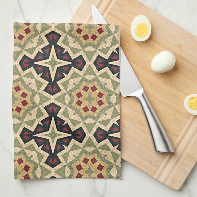 Linge De Cuisine Ochre Mustard Jaune Olive Green Black Tribal Art (Quart Plié)