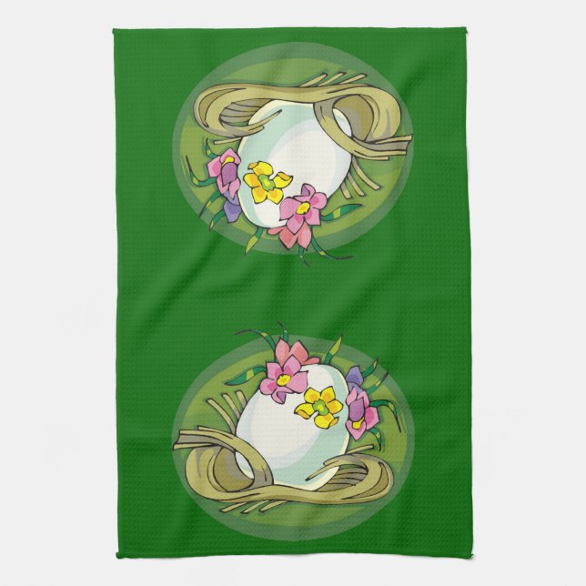 Linge De Cuisine Oeufs de Pâques avec fleurs de printemps vert (Vertical)