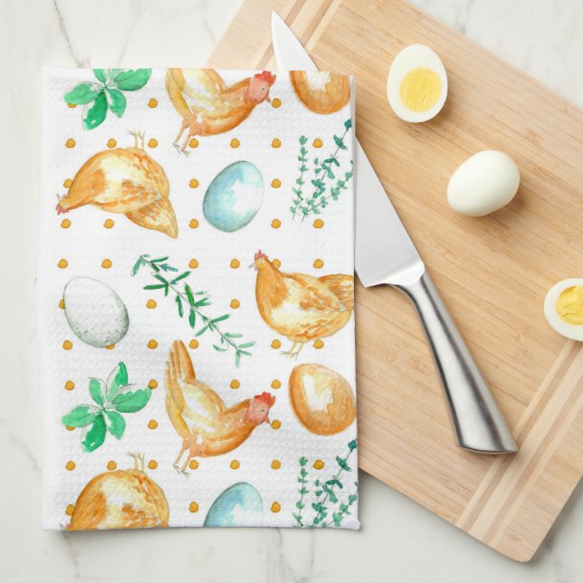Linge De Cuisine Oeufs Poulets Poules Herbes (Quart Plié)