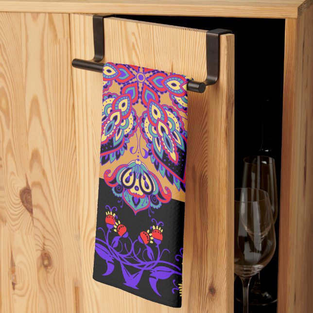 Linge De Cuisine Oeuvre Florale Mehndi Violet, Nature Violette (Pliage en tiers)