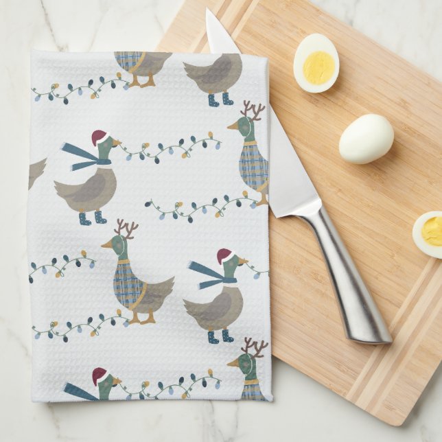 Linge De Cuisine Oie de Noël en blanc (Quart Plié)