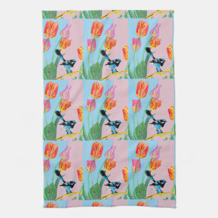Linge De Cuisine Oiseau bleu usé Fleurs roses et bleues