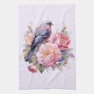 Linge De Cuisine Oiseau chanteur debout sur des pivoines roses