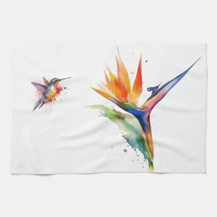 Linge De Cuisine Oiseau de paradis et colibri en aquarelle