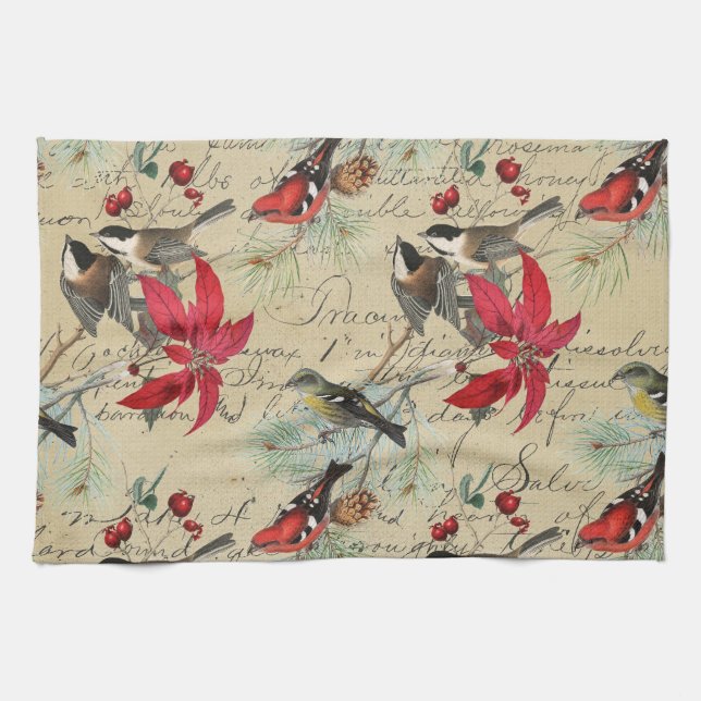 Linge De Cuisine Oiseau de vacances de Noël et poinsettia rouge (Horizontal)