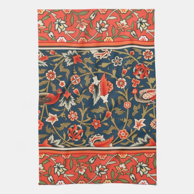 Linge De Cuisine Oiseau et fleurs Perse Motif bleu rouge (Vertical)