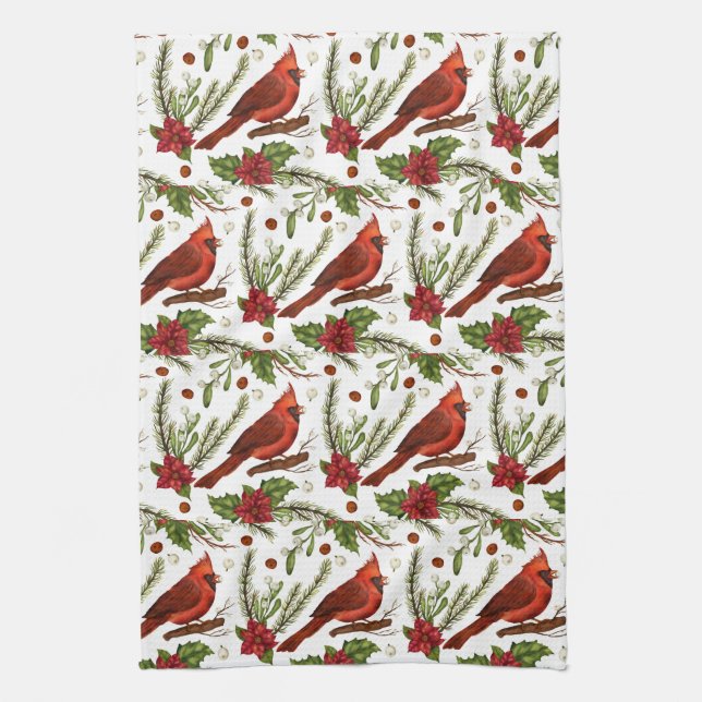 Linge De Cuisine Oiseau rouge, feuilles saints, poinsettia, pin (Vertical)