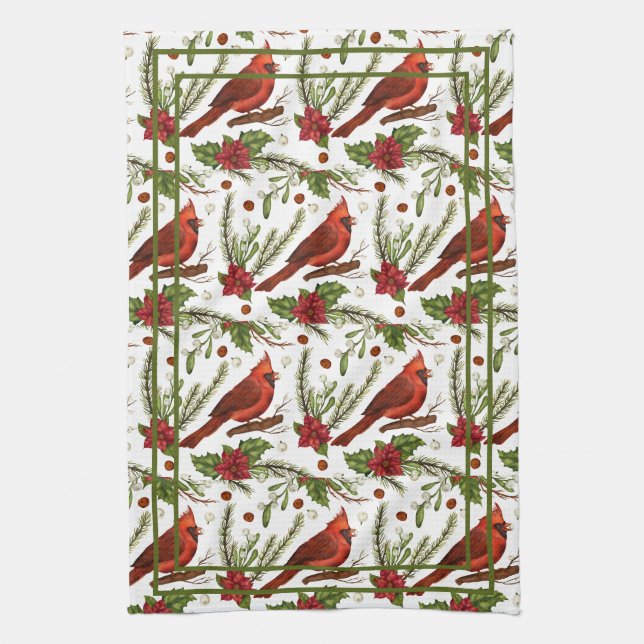 Linge De Cuisine Oiseau rouge, feuilles saints, poinsettia, pin (Vertical)