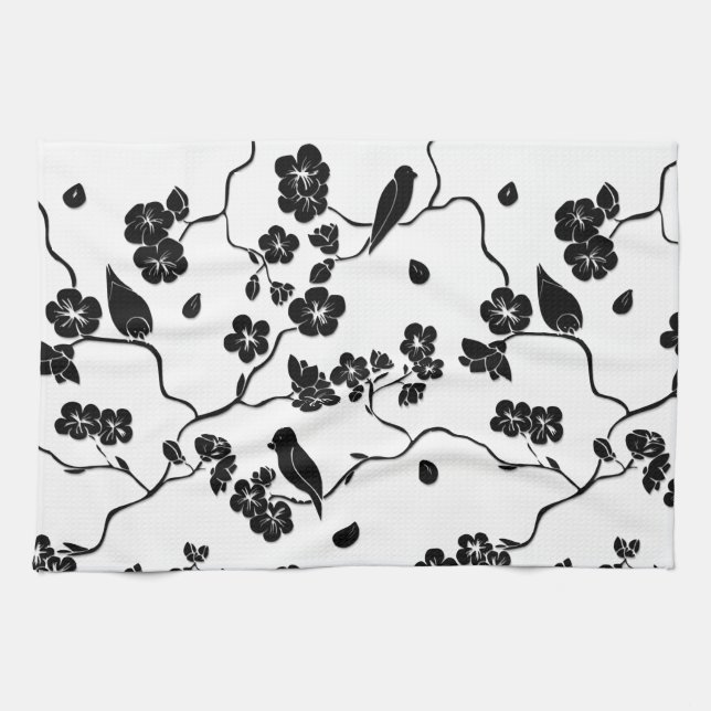 Linge De Cuisine Oiseaux à motif noir et blanc sur fleurs de cerisi (Horizontal)