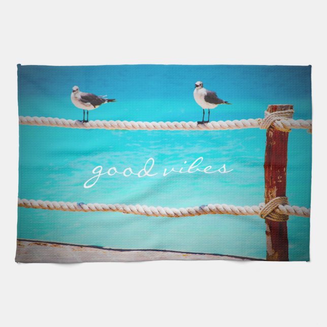 Linge De Cuisine Oiseaux de mer Turquoise Océan Photo Good Vibes (Horizontal)