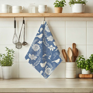 Linge De Cuisine Oiseaux et fleurs Bleu & Crème