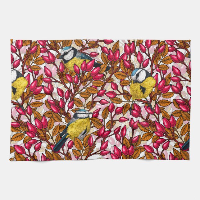 Linge De Cuisine Oiseaux et hanches roses de chien (Horizontal)