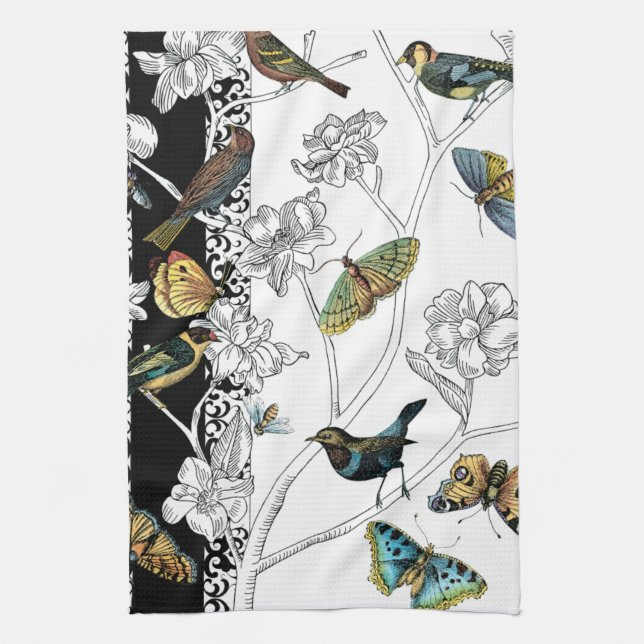 Linge De Cuisine Oiseaux et papillons sur un Arrière - plan noir et (Vertical)