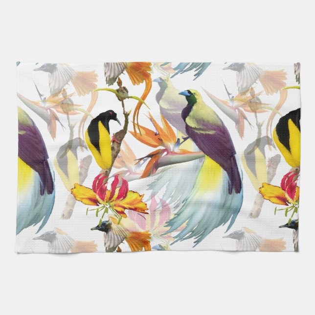 Linge De Cuisine Oiseaux exotiques du Paradis et fleurs Aquarelle (Horizontal)