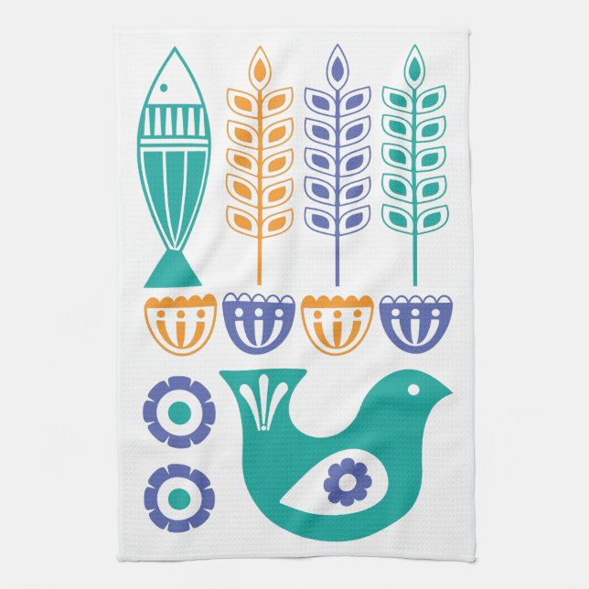Linge De Cuisine Oiseaux, poissons et fleurs scandinaves (Vertical)